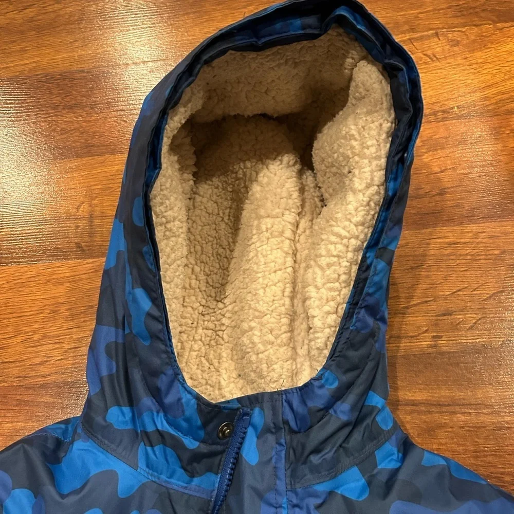 Lands End Kids Expedition Down Winter Parka Jacket Blue Camouflage Large 14/16